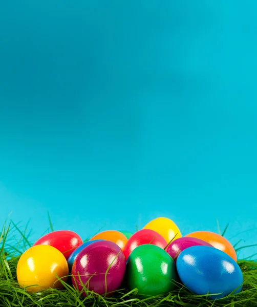 Пасхальные яйца в корзине на зеленой гра изолированы — стоковое фото