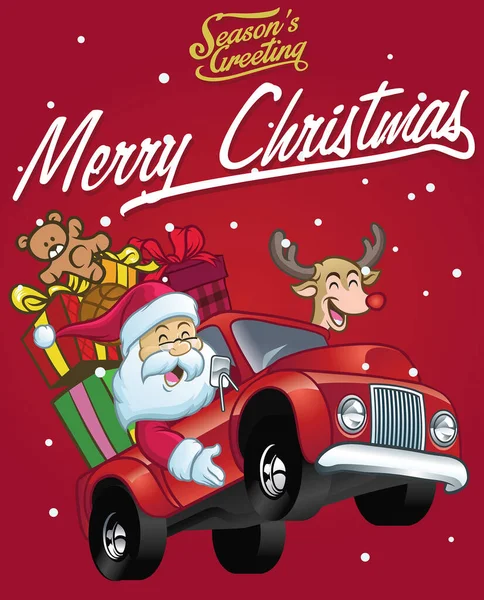 幸せなサンタ クラスはクリスマスプレゼントでいっぱいのトラックを運転します — ストックベクタ