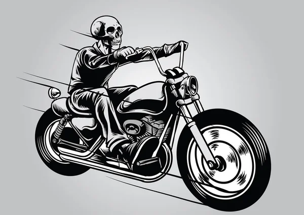 Vetor Mão Desenho Caveira Equitação Motocicleta — Vetor de Stock