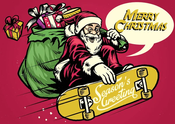 Illustrazione Vintage Santa Ride Skateboard Portando Una Borsa — Vettoriale Stock