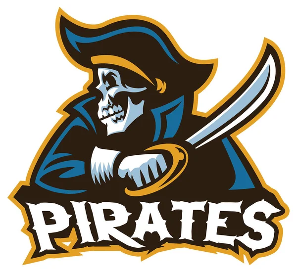 Vetor Esporte Mascote Logotipo Crânio Pirata Com Espada —  Vetores de Stock