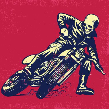 Antika bir motosiklete binen kafatası resmi.