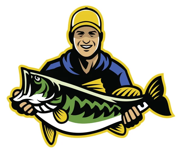 Pescador Gran Captura Pez Bajo Bocazas — Vector de stock