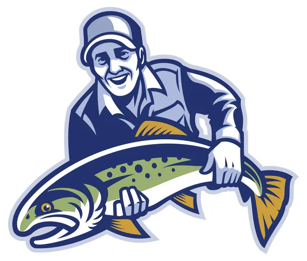 Pescador Sostiene Pez Trucha Grande — Vector de stock