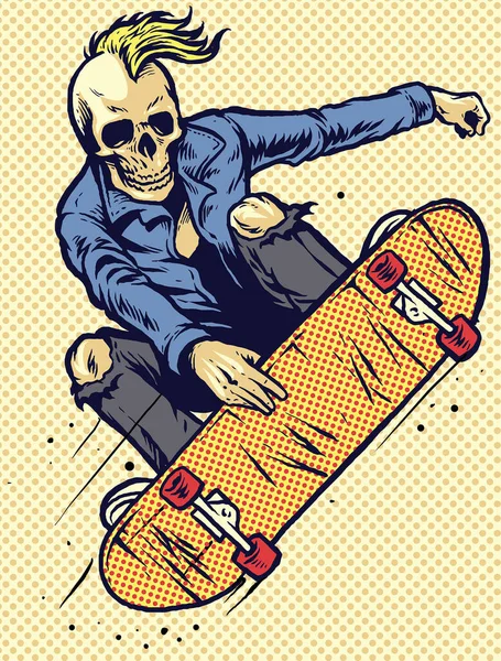 Ruční Kreslení Styl Lebka Hrát Skateboarding — Stockový vektor