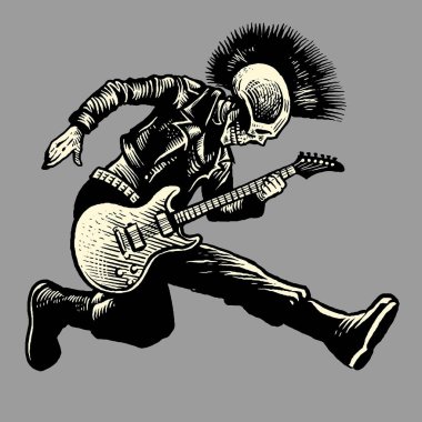 kurukafa punk tarzı gitarist vintage illüstrasyonda