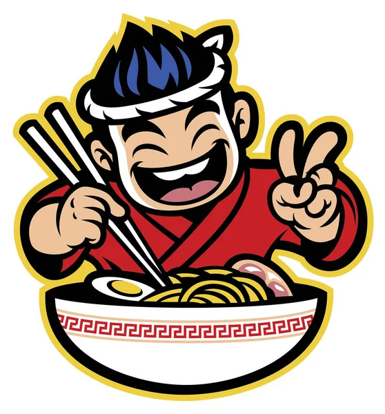 Japanese Cartoon Chef Eating Ramen — Stock Vector