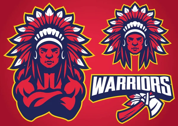 Vetor Logotipo Mascote Native Warrior Americano —  Vetores de Stock
