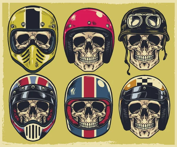 一套手绘骷髅 头戴各种摩托车头盔 — 图库矢量图片