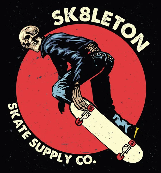 Skull Skateboarding Vintage Hand Drawn Style — Stock Vector