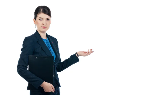 Businesswoman points — Stock Photo, Image