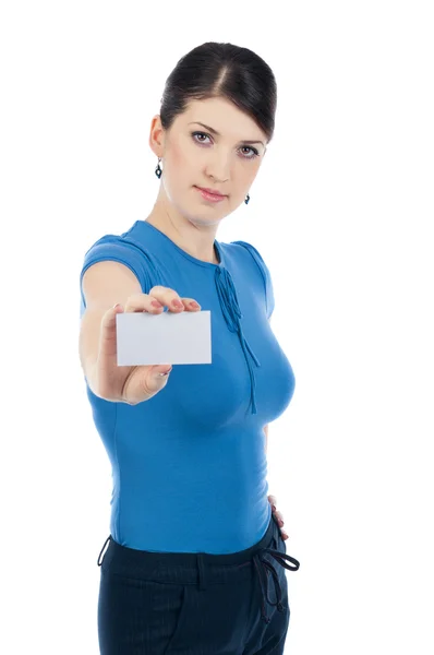Businesswoman with business-card — Stock Photo, Image