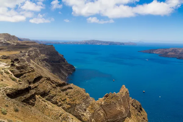 Santorini panorama caldera view ve nea kami, santorini, Yunanistan — Stok fotoğraf