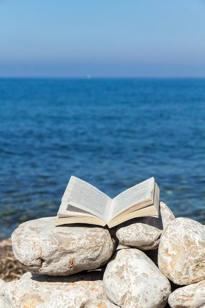 Libro aperto sulle pietre con il mare sullo sfondo Immagini Stock Royalty Free