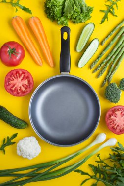 Sarı arka planda boş metal kızartma tavası ve sebze manzarası. Konum dikey.
