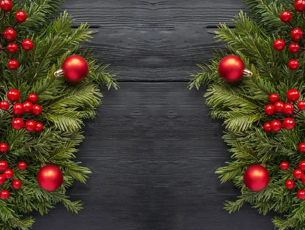 Christmas Banner Christmas Ring Wreath Black Wooden Background Copy Space — Stock Photo, Image
