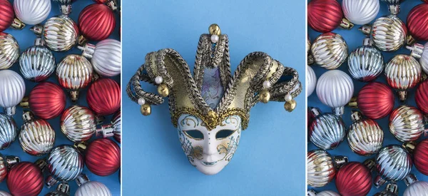 Renkli Toplardan Karnaval Maskesinden Oluşan Bir Noel Kolajı Mavi Arka — Stok fotoğraf