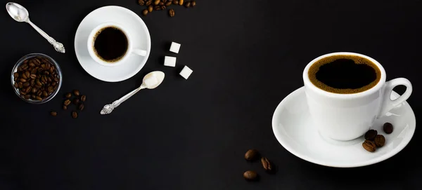 Voedsel Collage Witte Koffiekop Zwarte Achtergrond Kopieerruimte — Stockfoto