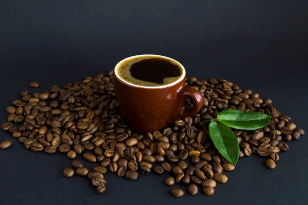Koffiekop Gebrande Koffieboon Zwarte Achtergrond Close Kopieer Ruimte — Stockfoto