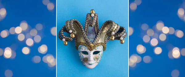 Collage Maschera Carnevale Veneziano Ghirlanda Incandescente Sullo Sfondo Blu Primo — Foto Stock