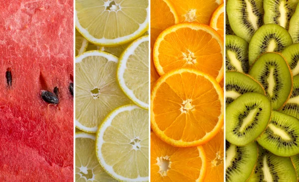 Kolaż Siekanych Owoców Zbliżenie Kontekst Owoców — Zdjęcie stockowe
