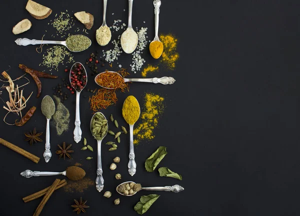 Top View Various Spices Silver Spoons Black Background Copy Space — Stock Photo, Image