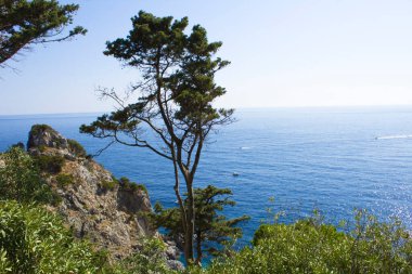 Yaz dönemi. Güneşli bir günde deniz ve kıyıya yakın çekim. Korfu. Yunanistan.