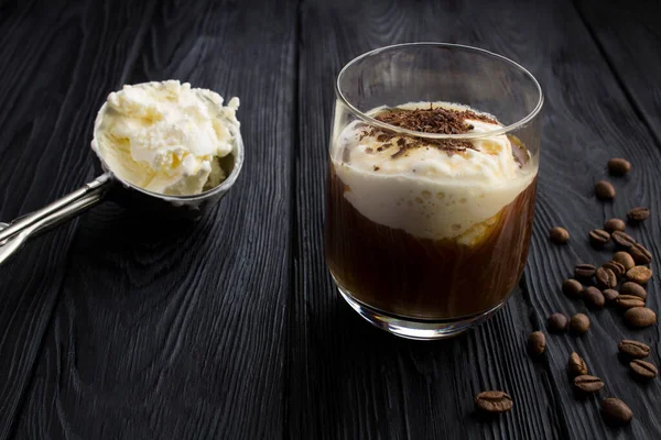 Cold Coffee Vanilla Ice Cream Drinking Glass Black Wooden Background — Φωτογραφία Αρχείου
