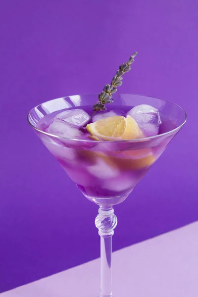 薰衣草柠檬水与冰和柠檬在马提尼杯子紫色背景 后续行动 — 图库照片
