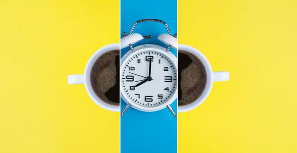Beyaz Alarm Saati Kolajı Renkli Arka Planda Kahve Fincanı Üst — Stok fotoğraf