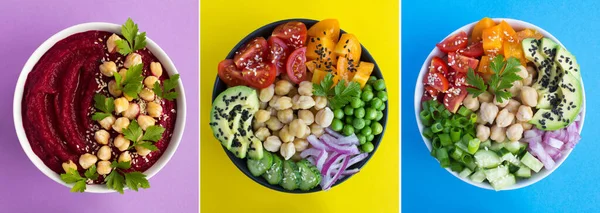 Collage Alimentos Saludables Con Garbanzo Fondo Color Vista Superior — Foto de Stock