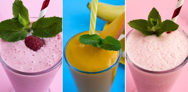 Collage Von Sommergetränken Milchshakes Mit Beeren Und Smoothie Mit Mango — Stockfoto