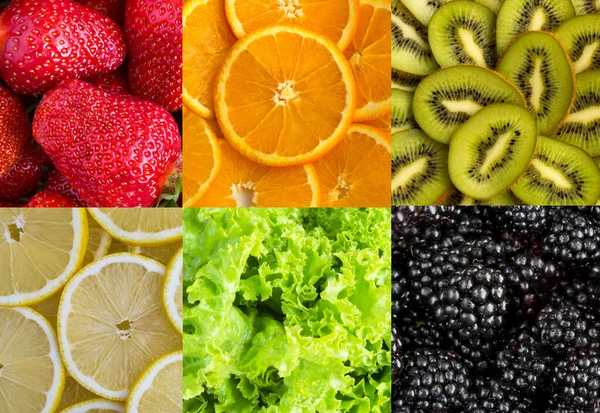 Collage Bacche Frutta Lattuga Verde Primo Piano — Foto Stock