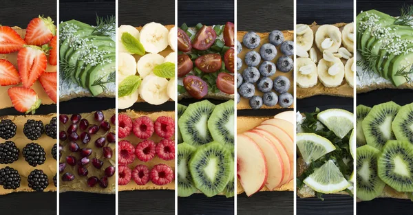 Collage Sandwiches Peanut Butter Fruit Vegetable Black Wooden Background Top — Foto Stock