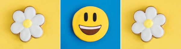 在彩色背景上以姜饼形式出现的笑脸和洋甘菊的结合体 顶部视图 — 图库照片