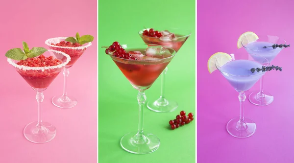 Renkli Arka Planda Martini Bardaklarında Yaz Içeceği Kolajı Yakın Çekim — Stok fotoğraf