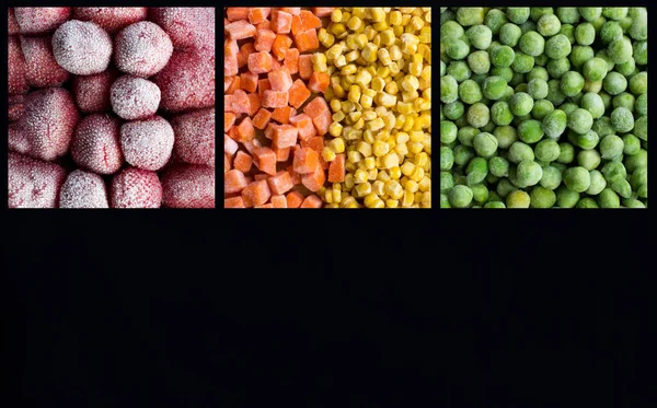 Collage Aus Gefrorenen Beeren Und Gemüse Auf Schwarzem Hintergrund Kopierraum — Stockfoto