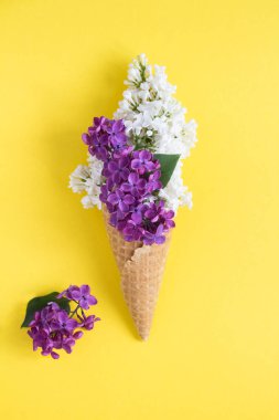 Sarı arka planda beyaz ve mor leylak renginde dondurma külahı. Konum dikey.