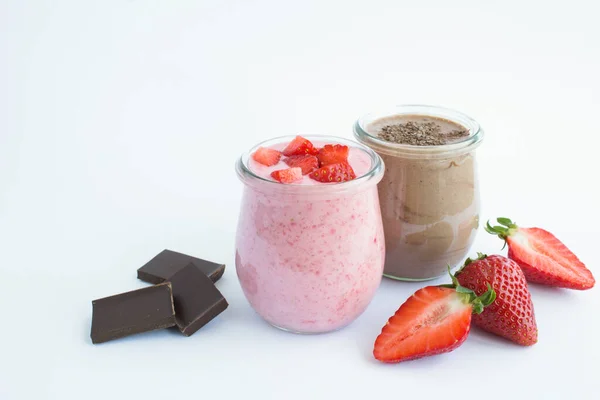 Natural Milk Yogurt Strawberry Chocolate Glass Jar White Background Copy — Stock Photo, Image