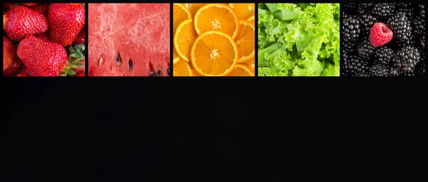 Collage Aus Beeren Früchten Und Grünem Blattsalat Auf Schwarzem Hintergrund — Stockfoto