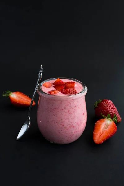 Natural Milk Yogurt Strawberry Glass Jar Black Background Closeup — Stock Photo, Image