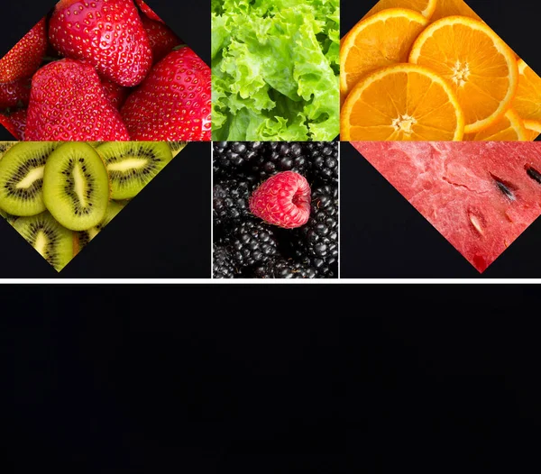 Creative Collage Set Images Berry Fruit Green Leaves Lettuce Black — Stock Photo, Image