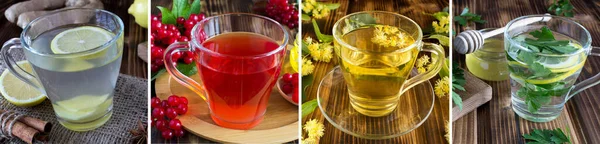 Colagem Chá Vitamina Quente Nas Xícaras Vidro Fundo Madeira Close — Fotografia de Stock