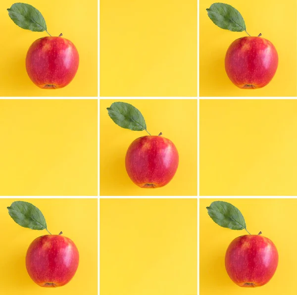 Κολάζ Κόκκινου Μήλου Κίτρινο Φόντο Αντιγραφή Χώρου Επίπεδη — Φωτογραφία Αρχείου