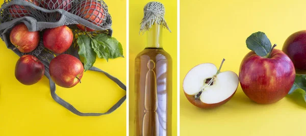 Collage. Apple vinegar cider in the glass bottle and red apples on the yellow background.Top view.