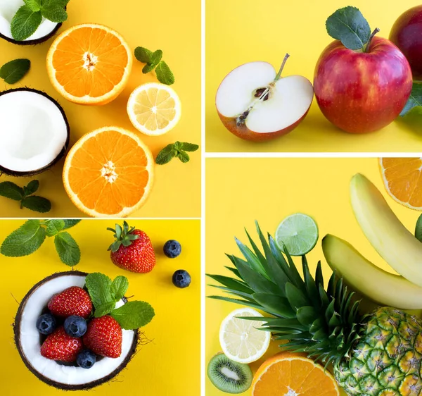 Collage Fruits Yellow Background Top View Closeup — Stock Photo, Image