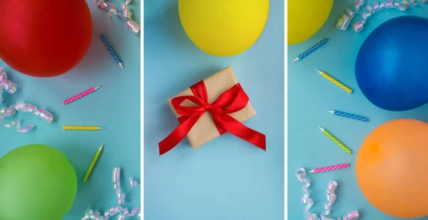 Holiday collage. Gift box with tied red bow and colored ballons on the blue background. Closeup.