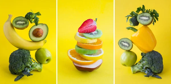 Collage Pirámide Frutas Verduras Picadas Equilibrio Sobre Fondo Amarillo Primer —  Fotos de Stock
