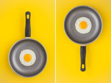 Kolaj. Sarı arka planda sahanda yumurtalı tavanın üst görüntüsü. Yakın çekim..