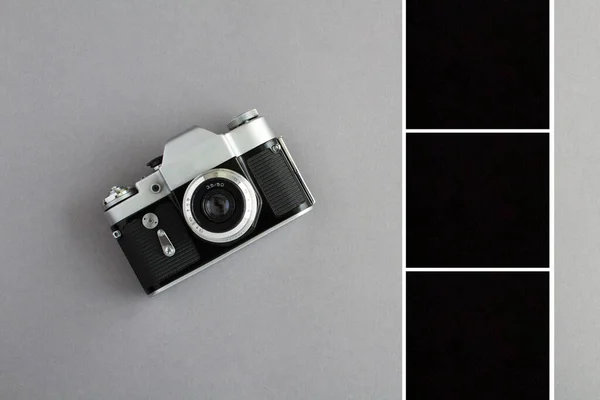 Eski Kamera Siyah Kareler Gri Arkaplanda Fotoğraf Yazı Için Üst — Stok fotoğraf